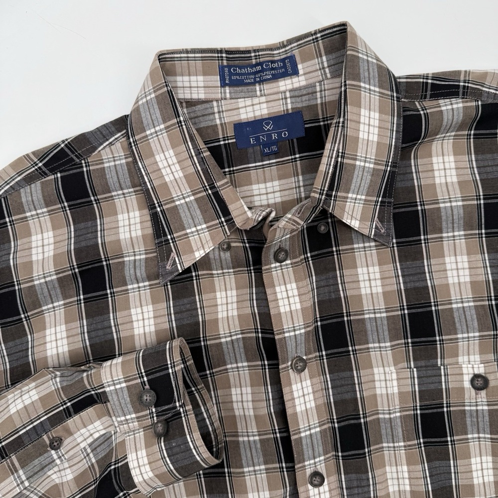ENRO Mens XL Brown Plaid Button Down Long Sleeve Shirt‎ Chatham Cloth